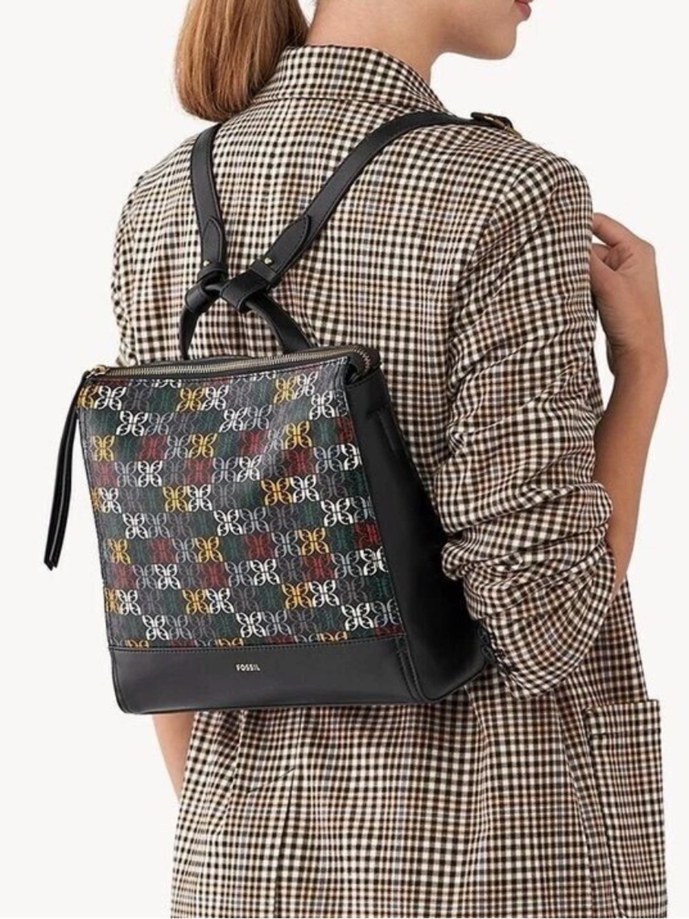 Fossil Elina Convertible Multicolor Logo Backpack Shoulder Bag Monogram Print